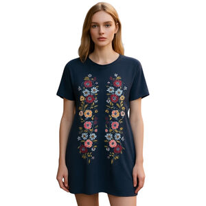 UMGEE T-Shirt Dress M Gray Floral Embroidered Boho Chic Casual Festival Coastal